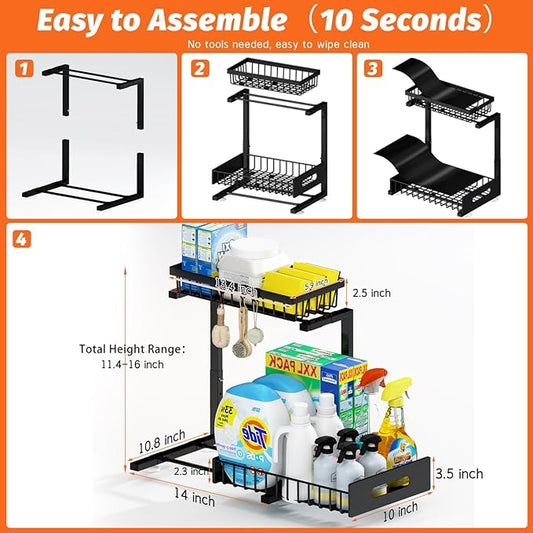 ADBIU Under Sink Organizer(10 Seconds Installation), 1 Pack 2 Tier Expandable Height (11" - 16") Under-Sink Organizers Slide out Pull out Organizer Shelf…