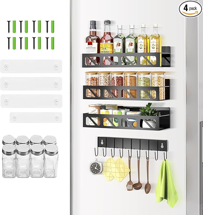 Magnetic Spice Rack Organizer for Fridge Seasoning Organizer for Kitchen storage with Screw or Adhesive Hanging,Magnetic Shelf with Hook for Refrigerator and Oven (Black-8jars, 3pack)