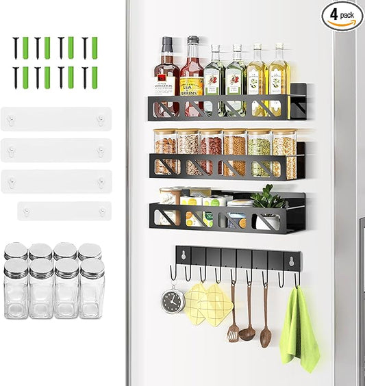 Magnetic Spice Rack Organizer for Fridge Seasoning Organizer for Kitchen storage with Screw or Adhesive Hanging,Magnetic Shelf with Hook for Refrigerator and Oven (Black-8jars, 3pack)