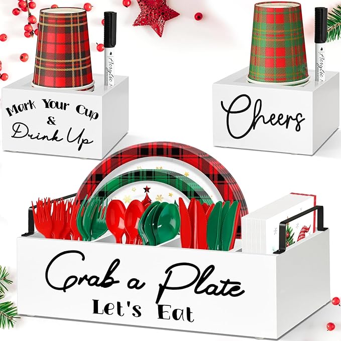 Paper Plate Holders with 2 Cup Holders and 2 Markers, Wood Utensil Holder for Party, Kitchen Paper Plate Dispenser for Counter, Disposable Plate Organizer, Silverware Holder for Cup, Plate, Napkin