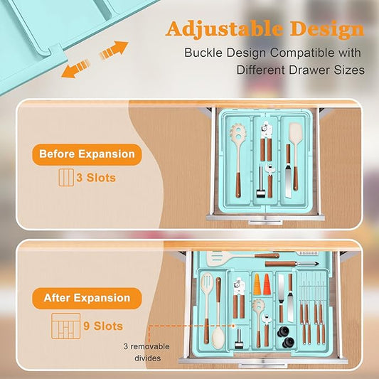 Utensil Drawer Organizer for Kitchen, Expandable Silverware Organizer Cooking Utensils Tray, Large Cutlery and Flatware Holder, Kitchen Tools & Gadgets Storage (Turquoise)
