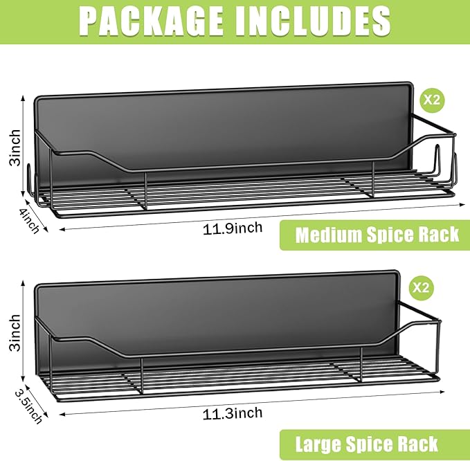 Magnetic Spice Rack for Refrigerator, 4 Pack Metal Strong Magnet Spice Organizer Shelves, Magnetic Fridge Shelf for Kitchen Seasoning Organizer Gadgets, Home Organization and Storage (Black)