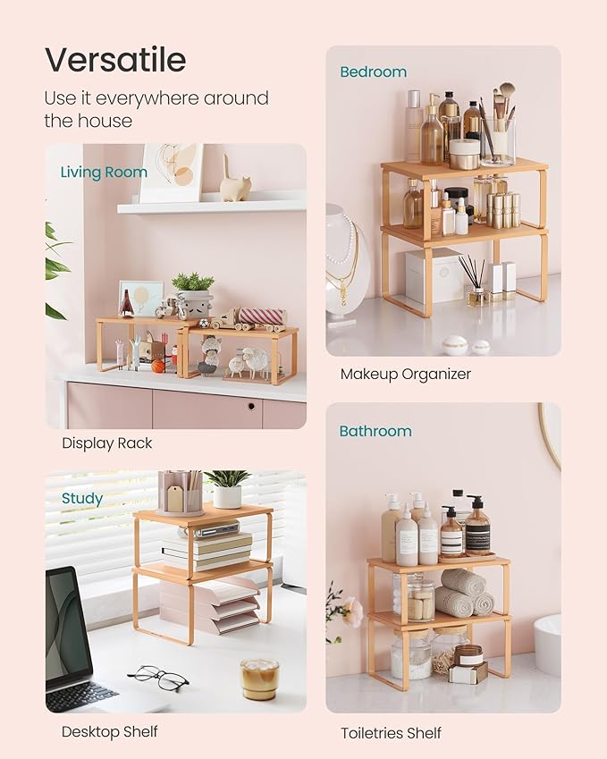 SONGMICS Cabinet Organizer Shelf, Set of 2 Kitchen Counter Shelves, Kitchen Storage, Spice Rack, Stackable, Expandable, Metal and Engineered Wood, Apricot Orange UKCS002Y01