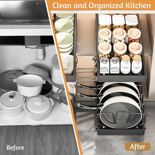 XIAPIA Pull Out Cabinet Organizer, Pots and Pans Organizer under Cabinet with 8 Adjustable Dividers, Pull Out Shelves for Kitchen Cabinets, Pot Lid Organizers inside Cabinet (Black, 2 Pack)