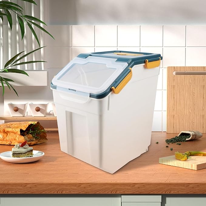 YXQ 50LB Large Flour Storage Container Bin,2 Pack Airtight Plastic with Wheels Seal Locking Lid Dispenser Organizer Bin with Measuring Cup & Scoop for Flour, Rice, Grain 100LBS Total Capacity(Blue)