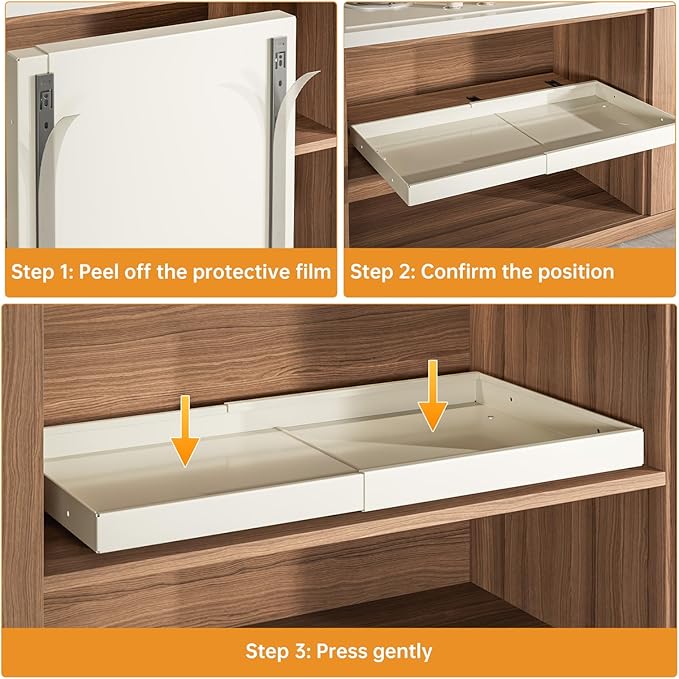 Pull Out Cabinet Organizer,Expandable(13.78''-19.69''),Strong load-bearing nano adhesive fixed metal shelf,Suitable for kitchen cabinets, sideboards, bathrooms, under sinks(16.9''Deep,White)