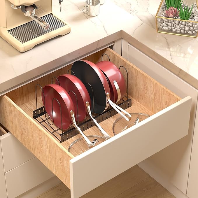Pots and Pans Organizer for Under Cabinet, 8 Tier Adjustable Pot Organizer Rack for Under Cabinet, With Drain Tray Placeable Cookware Organizer Baking Cookie Cutting Board, 3 DIY Pot Rack Organizer