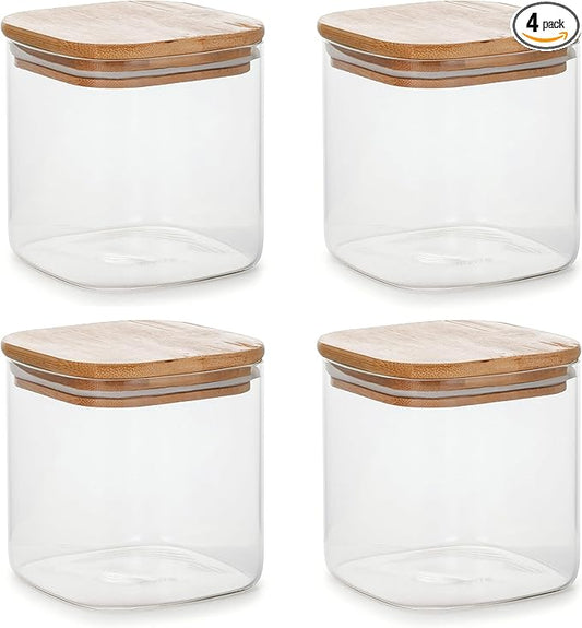 18.6oz Square Borosilicate Glass Canister With Bamboo Lid, Airtight Pantry Storage Jar Containers Ideal for Rice, Candy, Sugar, Flour, Nuts, Cookies and Coffee Beans (4 Pack)