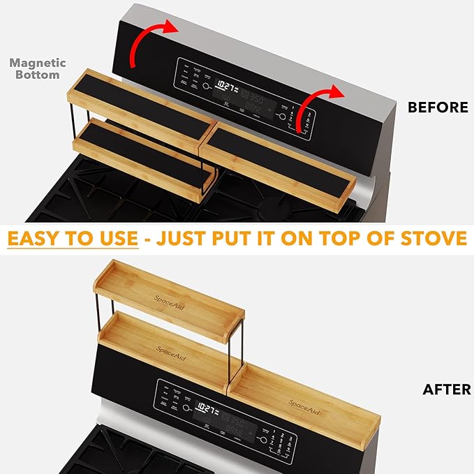 SpaceAid 30" Wide Kitchen Shelf Organizer for Stove, Magnetic Bamboo Spices Shelf for Home Stove Kitchen Storage Organization (Fit for Flat Top Only, 2-Tier)