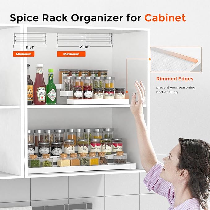 Expandable Spice Rack Organizer for Cabinet - 3 Tier Adjustable Cabinet Spice Organizer Easy Visibility - Spice Organizer for Cabinet Countertop Cupboard Pantry Organization (White)