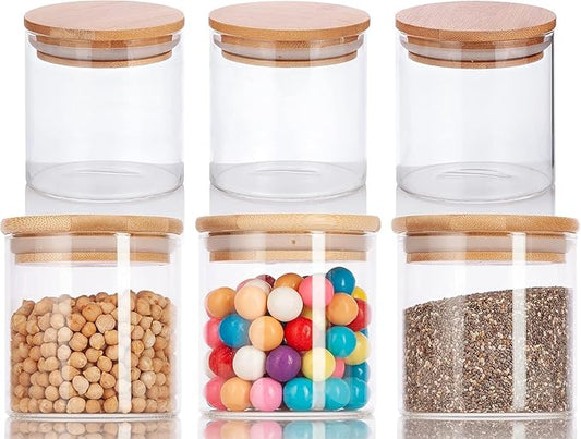 JUVITUS 10 oz Clear Glass Borosilicate Jar with Bamboo Silicone Sealed Lid (6 Pack) Nuts Spice or Kitchen Storage