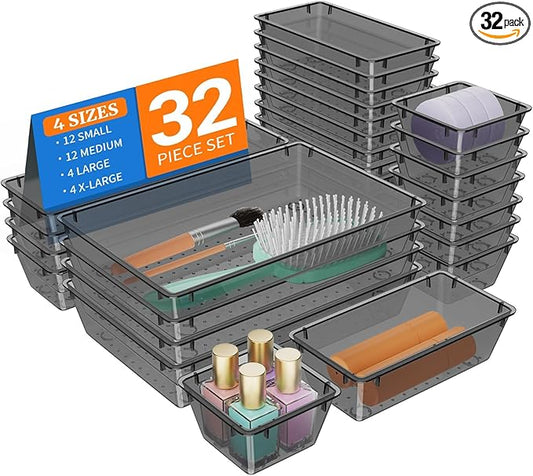 32 PCS Clear Plastic Drawer Organizer Set, 4-Size vanity organizer Trays and Storage Bins for Makeup, Jewelry and Gadgets in Bedroom, Bathroom and Office, Clear Black