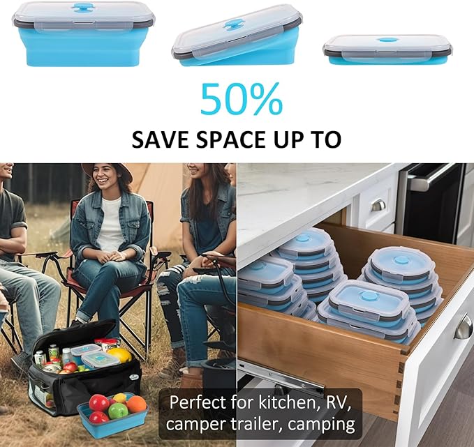Collapsible Food Storage Containers with Lid & Air Vent, 16 Pack, 8 Rectangular + 8 Round, Foldable Silicone Lunch Containers Collapsible Bowls Set, Microwave Freezer Dishwasher Safe, Blue