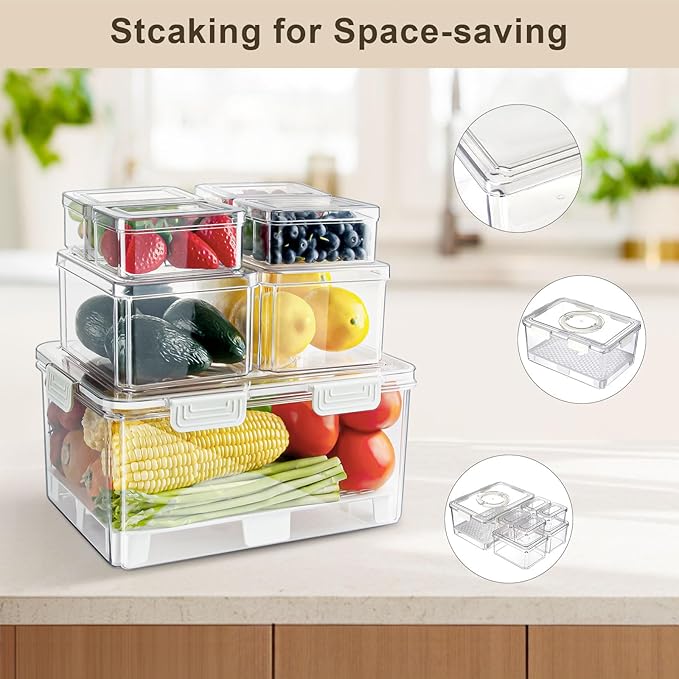 7 Pack Fresh Food Storage Containers, Produce Saver Box with Drain Baskets & Lid, Reusable Fridge Organizer, BPA-Free Airtight Fruit Organizer for Refrigerator, Stackable Plastic Fruit Veggie Saver