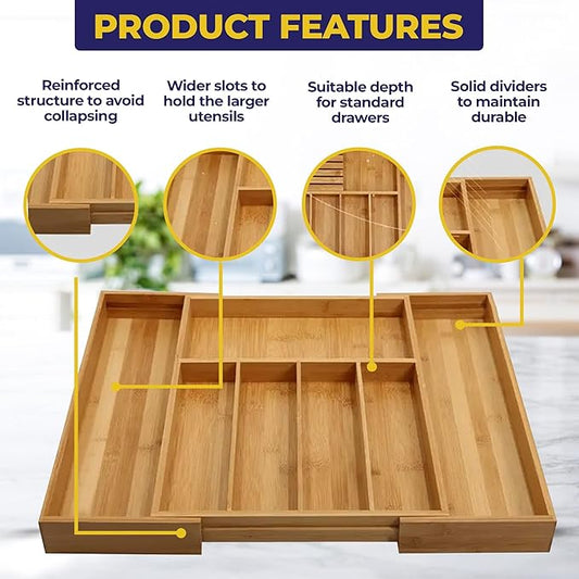 NEW Supplier: Bamboo Wood Drawer Organizer, Silverware Drawer Organizer, Kitchen Drawer Organizer with Drawer Dividers and removable knife block. – 12.75-22 x 17 x 2 In (Brown)