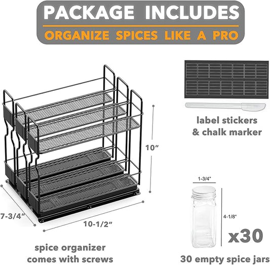 SpaceAid Pull Out Spice Rack Organizer with 30 Jars for Cabinet, Slide Out Seasoning Kitchen Organizer, Cabinet Organizer, with Labels, 7.7" W x10.75 D x10 H, 3 Drawers 2-Tier