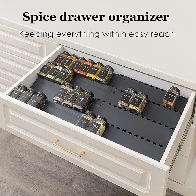 4-Tier Spice Drawer Organizer - 4 Pack Expandable Seasoning Rack (13" to 24.4") for Kitchen Drawers, Organization Insert Tray (Jars Not Included)