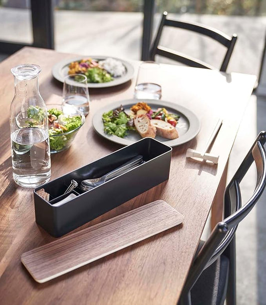 Yamazaki Home Rin Utensil Case Knife Fork Spoon Silverware Cutlery Holder With Divider, Portable For Kitchen Counter Or Table - Plastic + Wood