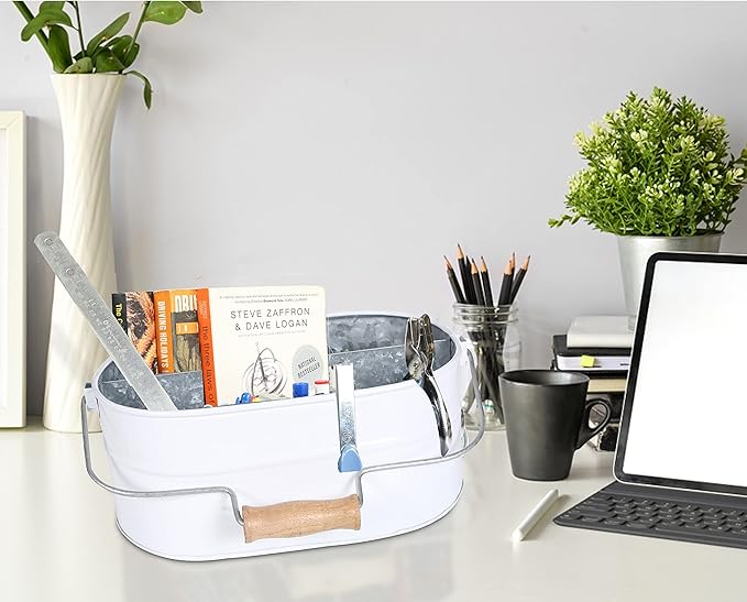 Light & Pro Farmhouse Rustic Silverware Utensil Carry All Caddy - Galvanized Organizer Caddy With Dividers, Wooden Handle Storage Bin For Flatware, Condiments, Party Cutlery - White