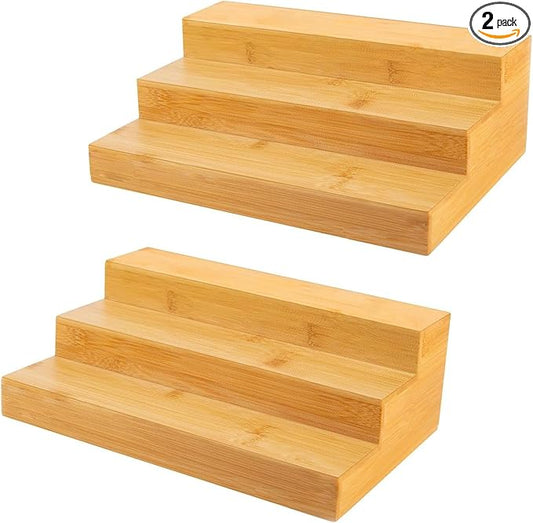 2 Pack Bamboo Spice Rack Organizer for Kitchen Counter, 3 Tier Spice Shelf Holder for Cabinet (Jars Not Included)
