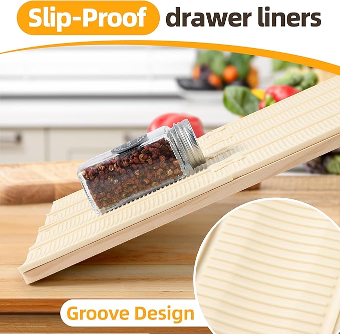 MIUKAA 33 Pack Adjustable Spice Liner, Slip-Proof Spice Drawer Organizer, Kitchen Drawer Liner for Spices Bottle,Tableware, Cups Organizer（Single 7.1 x2.3 in） 3mm thick