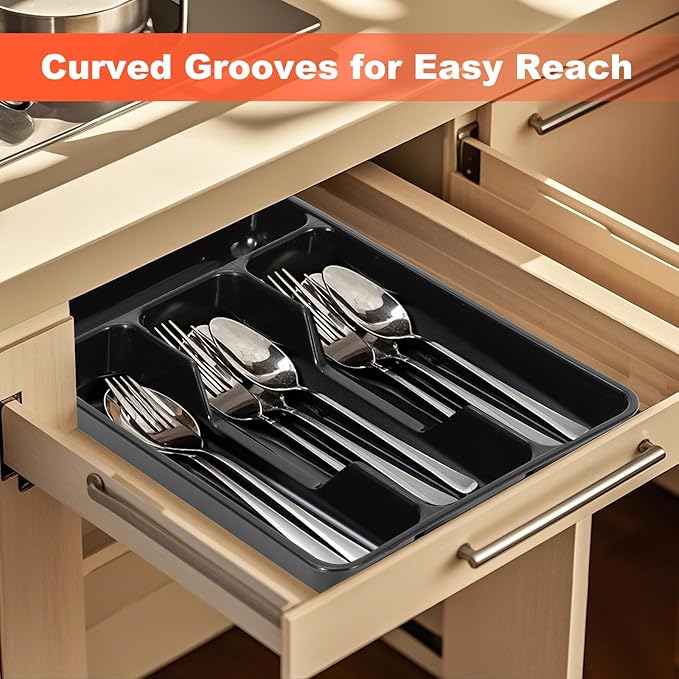 Plastic Silverware Drawer Organizer,Cutlery Storage for Kitchen Drawer Tray,Flatware and Utensil Organizer Holder Divider for Spoons Forks Knives Tableware, 4 Compartment,Small Black