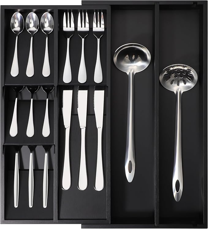 Bamboo Expandable Silverware Drawer Organizer Tray, Removable Dividers Kitchen Utensil Tray for Different Dimension Flatware, Spoons, Forks, Knives (Black,7 Slots)