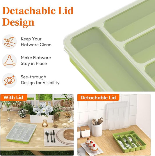 Lifewit Silverware Organizer with Lid, Covered Utensil Tray for Kitchen Drawer and Countertop, Plastic Cutlery and Flatware Storage Box for Spoons Forks Knives Holder Case, 5 Compartments, Green