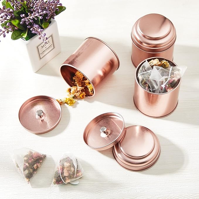 12 Pcs Tea Tin Canister with Airtight Double Lids 8 oz Round Tin Can Box Small Kitchen Tea Canister Loose Leaf Storage Containers for Loose Bags Coffee Sugar Candy Spices(Rose Gold)