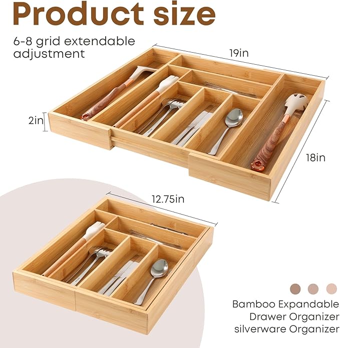 Bamboo Drawer Organizer Expandable Silverware Organizer, Drawer Dividers，Adjustable Utensils Holder Cutlery Tray for Kitchen Utensils and Flatware