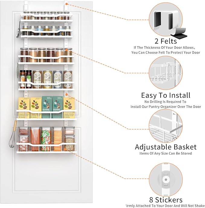 Over The Door Pantry Organizer, 6-Tier Over The Door Organizer with Adjustable Baskets, Metal Hanging Spice Rack for Pantry Organizers and Storage, Suitable for Kitchen Laundry Room & Bathroom, White