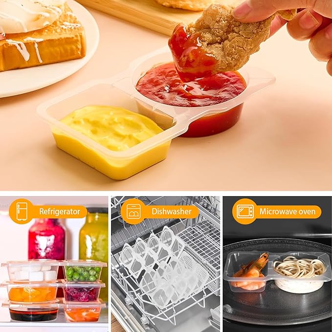 Double Compartment Condiment Containers, 20 Sets, Portion Cups with Lids for Sauce and Snacks (20)