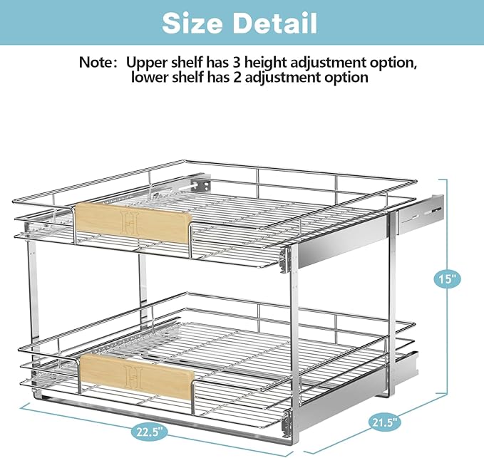 LOVMOR 2 Tier Pull Out Cabinet Organizer 22½" W x 21½" D, Slide Out Drawers with Wooden Handle, Sliding Shelves Organization and Storage for Kitchen, Pantry