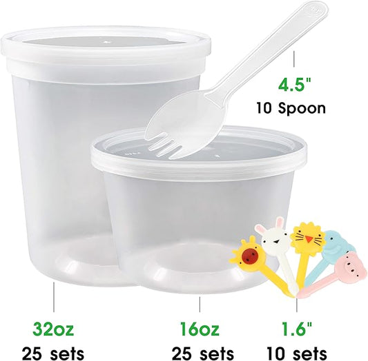 [50 Pack,16oz, 32oz ] Food Storage Containers with Lids- BPA-Free | Leakproof | Airtight | Stackable Plastic Deli Containers (Includes 10 Spoons & 10 Forks) , Dishwasher, Microwave & Freezer Safe