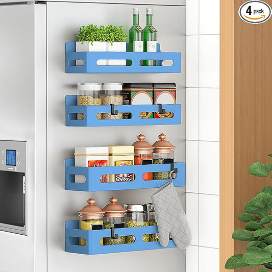 4 Pack Magnetic Spice Rack for Refrigerator, Spice Rack Organizer, Moveable Magnetic Shelf Fridge Organizer with 4 Hooks for Kitchen and Oven Organization, Blue
