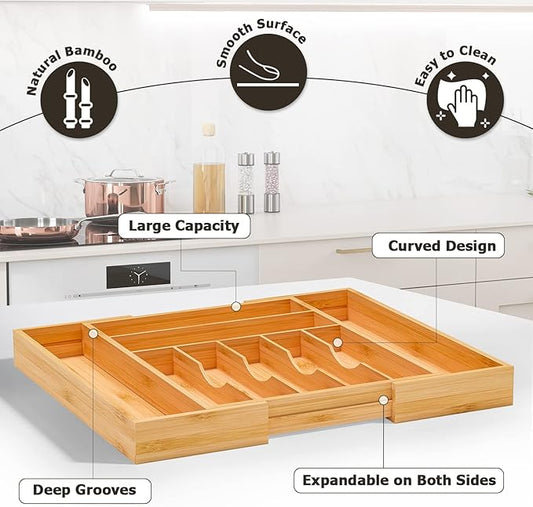 Utensil Organizer Silverware Tray For Drawer - Expandable Silverware Organizer Bamboo Flatware Organizer for Kitchen Utensils and Cutlery, Living Room Storage Box W13.5"-19.9" x L17.6" (Yellow)
