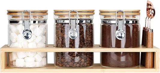 KKC HOME ACCENTS Air Tight Glass Coffee Sugar Tea Storage Containers set 3 with Clamp Lid and Spoons,Airtight Sealed Glass Jars Canisters with Scoops for Ground Coffee or Bean,Loose Tea,Sugar,27 Fl oz