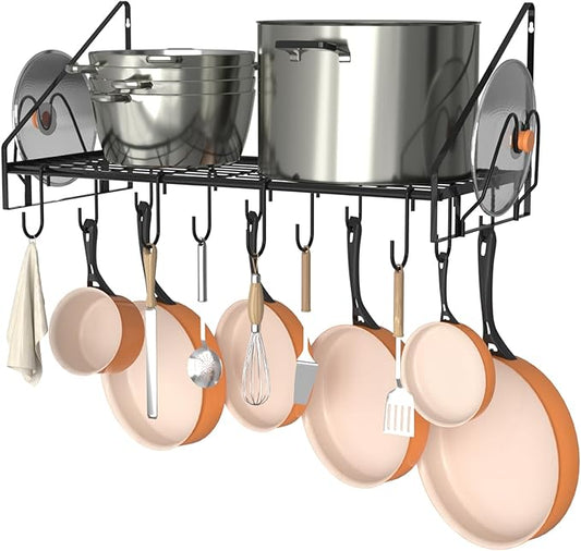 35 Inch Pot Rack Wall Mounted, Pots and Pans Organizer with 12 Hooks and 2 Pot Lid Holders, Heavy Duty Steel Pot and Pan Hanger for Kitchen Cookware Utensils Storage 34.7" Lx13 Wx12.6 H