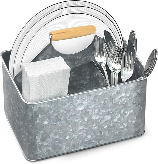Plexon Silver Metal Caddy Table Utensil Caddy with Handle Galvanized Steel Utensil Holder for Party Metal Flatware Caddy Large Silverware Organizer Countertop for Kitchen Garden Patio Bathroom