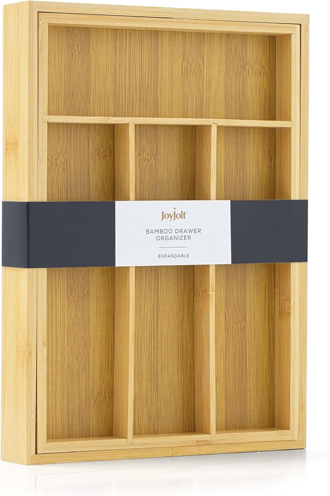 JoyJolt Bamboo Expandable Drawer Organizer for Kitchen Utensils, Adjustable Cutlery Tray, Bamboo Drawer Dividers Organizer for Silverware, Flatware, Knives in Kitchen, Bedroom (4-6 Slots)