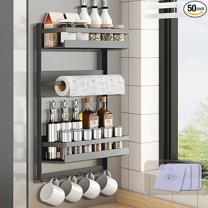 Magnetic Spice Rack For Refrigeratorwith 8-Hook，Magnetic Paper Towel Holder ，with Strong Adhesion, Rust-Proof & Space-Saving Design for Kitchen, Bathroom