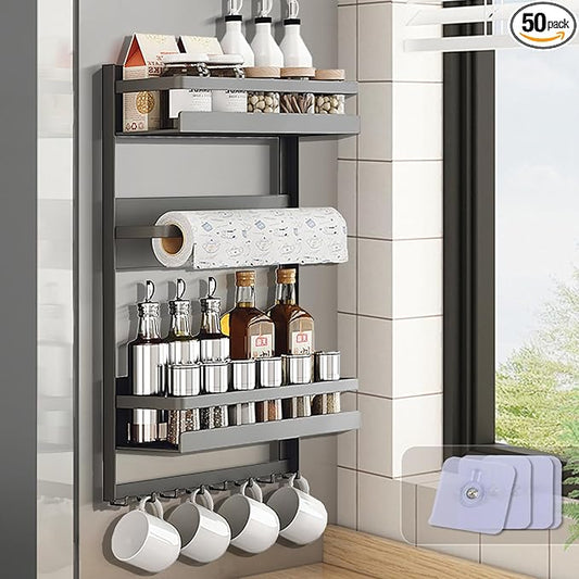 Magnetic Spice Rack For Refrigeratorwith 8-Hook，Magnetic Paper Towel Holder ，with Strong Adhesion, Rust-Proof & Space-Saving Design for Kitchen, Bathroom