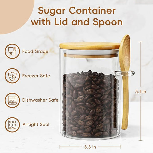 Sugar Jar Glass Salt Container,15 Ounces Clear Airtight Caning with Bamboo Lid and Spoon Scoop, Storage Overnight Oats, Salts, Coffee Bean, Spice, Creamer, Food Organizer, Pack of 1