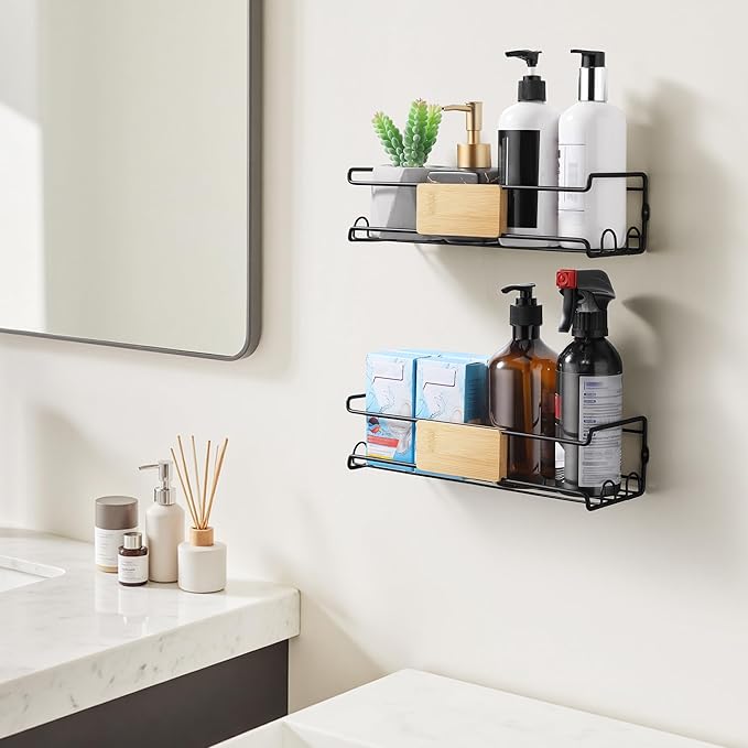 4-Pack Wall Spice Rack - Matte Black Spice Organization for Cabinet with Bamboo Plank - 2 Mounting Options Floating Shelves for Kitchen, Bathroom, Laundry Room, Pantry Organizers and Storage