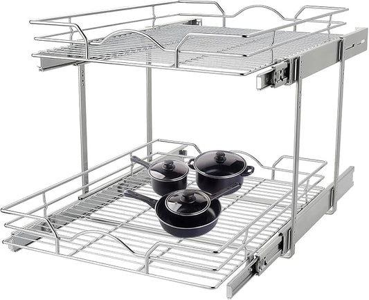 OCG 2 Tier Pull Out Cabinet Organizer (11" W x 21" D), Pull out Drawers for Kitchen Cabinets, Pull Out Shelves for Base Cabinet Organization in Kitchen Bathroom Pantry, Chrome Finish