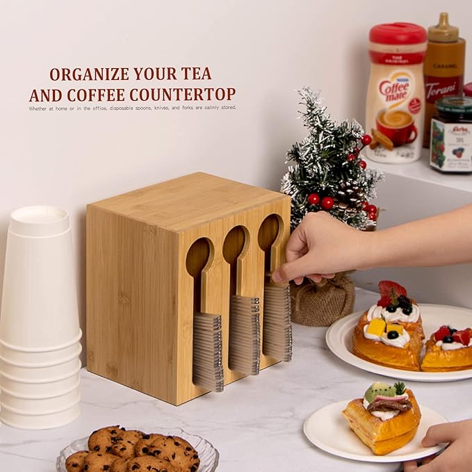 Bamboo Utensil Dispenser for Spoons and Forks, Plastic Utensil Holder Station with 3 Compartments, Plastic Utensil Organizer, Cutlery Dispenser for Party, Wedding, Church and Breakroom