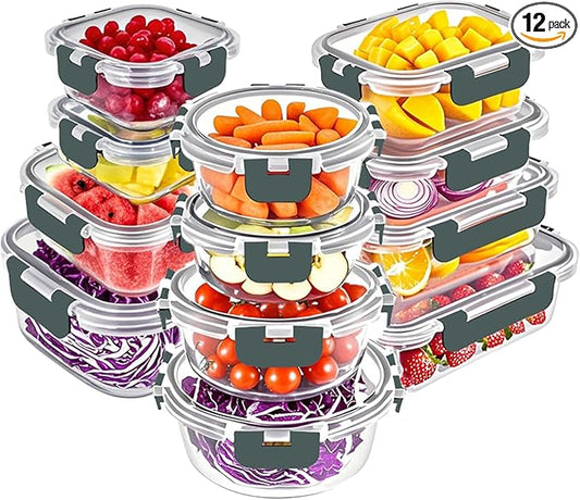 VERONES 24 Pieces Glass Food Storage Containers Set, Airtight Glass Lunch Containers, Glass Meal Prep Containers with Lids,Exclusive of BPA, for Microwave, Oven, Freezer & Dishwasher Friendly,Grey