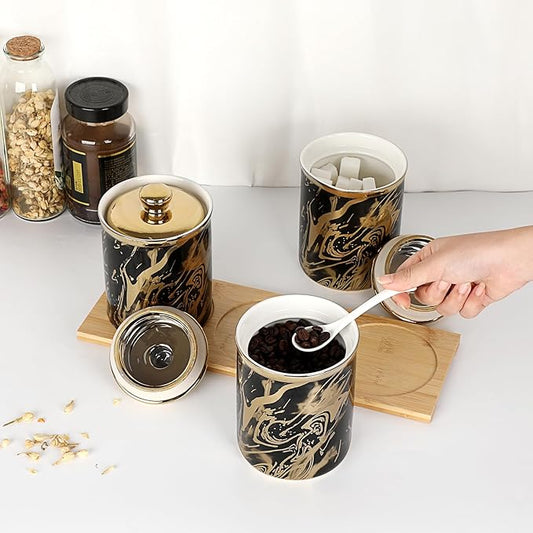 3 Pack Ceramic Canister Set with Lids and Bamboo Tray, Coffee Tea Sugar Container Set, Ceramic Storage Jar Decorative Storage Pots Kitchen Canister for Countertop, Black Marble Style