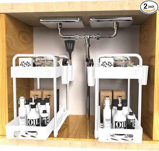 2 Pack Double-Layer Under Sink Organizer for Efficiently Utilizing Space, High Capacity and Space Saving, 2 Tier Sliding Under Sink shelf with 4 Hooks and a Cup Slot (White)