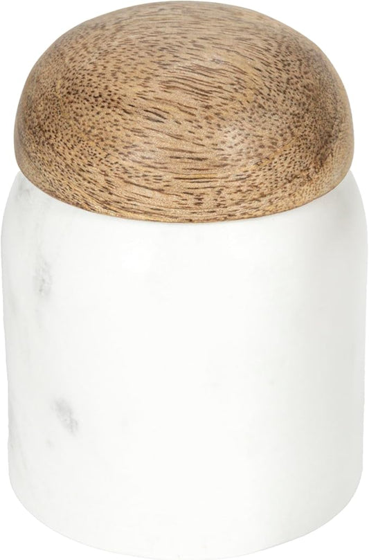 Creative Co-Op Marble and Mango Wood Pinch Pot with Lid, White and Natural